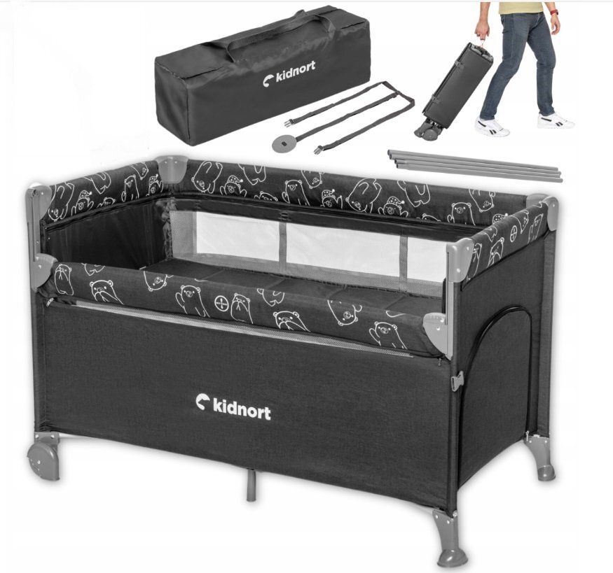 Kidnort Set Patut pliabil 3 in 1 pentru copiicu doua nivelelaterala culisantaplasa de ventilatiesaltea pliabila si geanta de transport inclusedimensiune 128x78.5x68 cm Livsmiljo Dark Grey + Saltea cocos Comfort 8 cm