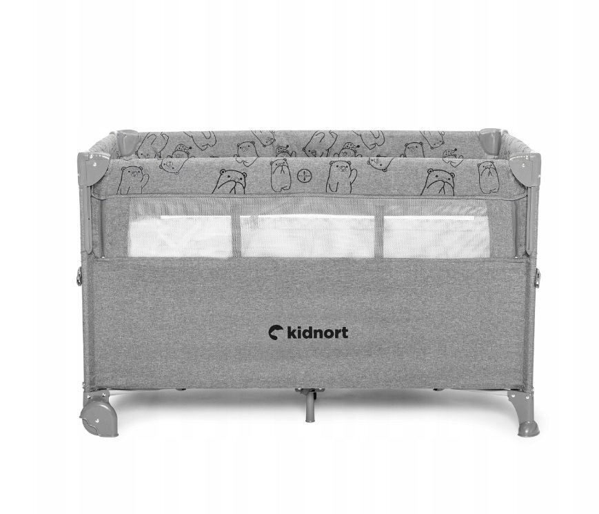 Kidnort Set Patut pliabil 3 in 1 pentru copiicu doua nivelelaterala culisantaplasa de ventilatiesaltea pliabila si geanta de transport inclusedimensiune 128x78.5x68 cm Livsmiljo Light Grey + Saltea cocos Comfort 8 cm