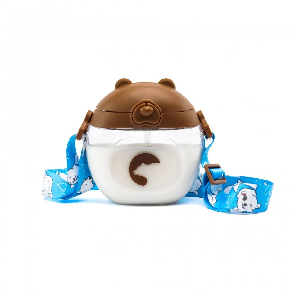 Kidnort Sticluta de apa din tritan pentru copii Bear sterilizabila pai moale din silicon cu bila gravitationala prevazuta cu snur reglabil capacitate 300 ml Brown