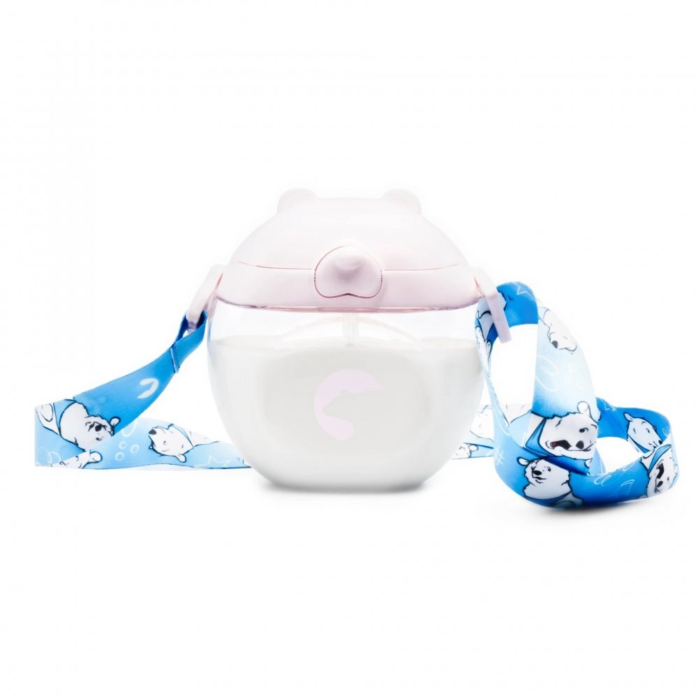 Kidnort Sticluta de apa din tritan pentru copii Bear sterilizabila pai moale din silicon cu bila gravitationala prevazuta cu snur reglabil capacitate 300 ml Pink