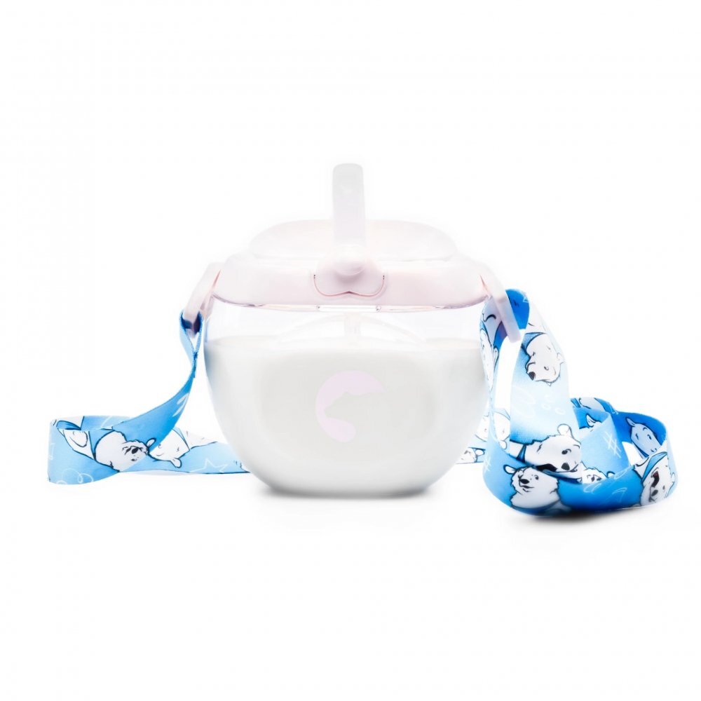 Kidnort Sticluta de apa din tritan pentru copii Bear sterilizabila pai moale din silicon cu bila gravitationala prevazuta cu snur reglabil capacitate 300 ml Pink