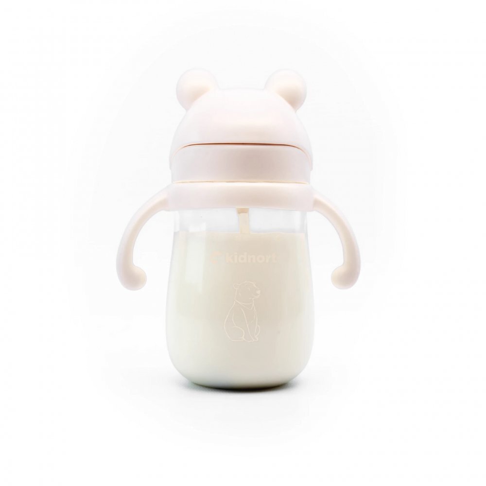 Kidnort Sticluta de apa din tritan pentru copii Bringebaer sterilizabila pai moale din silicon cu biluta gravitationala maner ergonomic capacitate 240 ml Roz