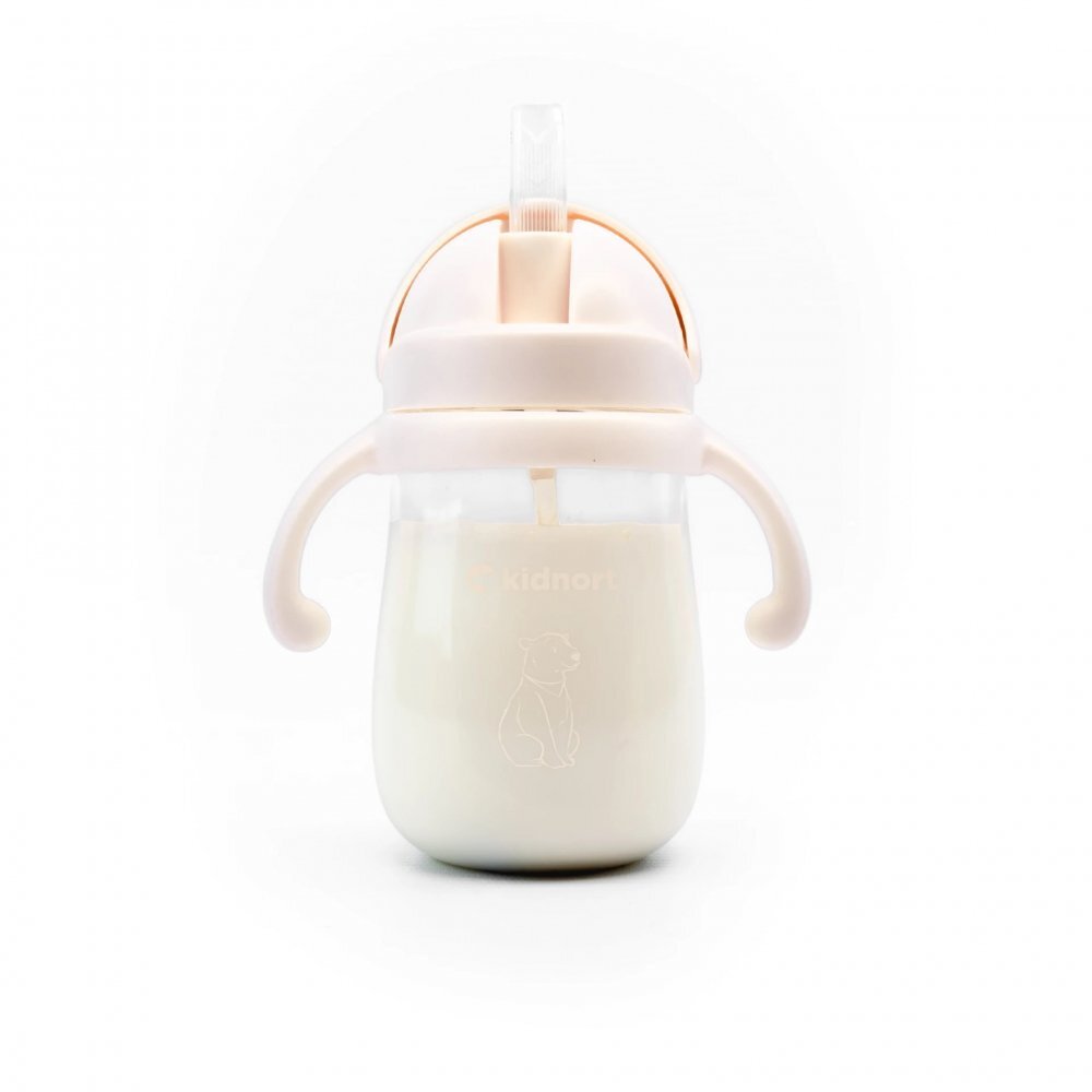Kidnort Sticluta de apa din tritan pentru copii Bringebaer sterilizabila pai moale din silicon cu biluta gravitationala maner ergonomic capacitate 240 ml Roz