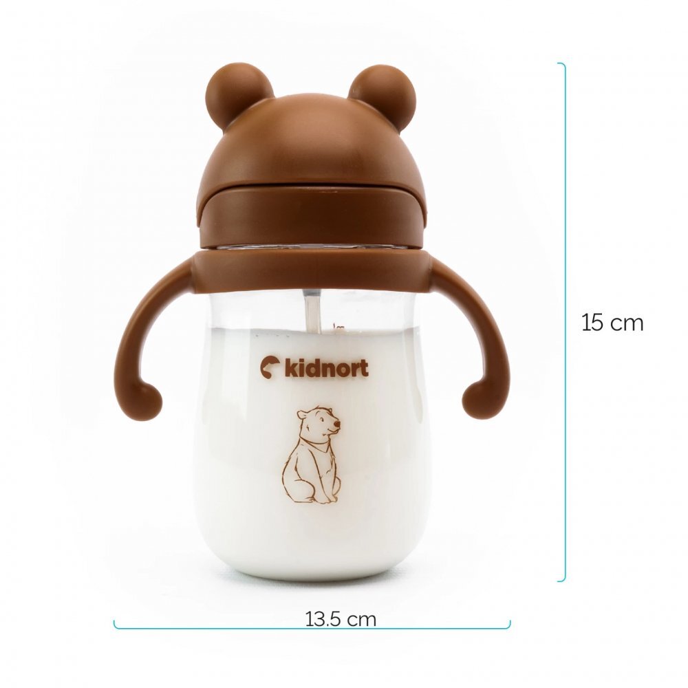 Kidnort Sticluta de apa din tritan pentru copii Bringebaer sterilizabila pai moale din silicon cu biluta gravitationala maner ergonomic capacitate 240 ml Roz