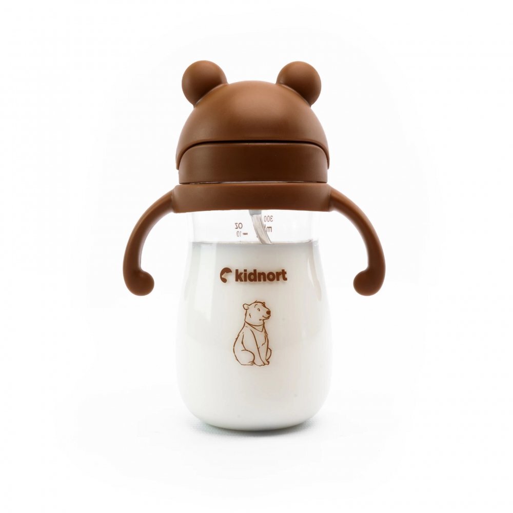Kidnort Sticluta de apa din tritan pentru copii Bringebaer sterilizabila pai moale din silicon cu biluta gravitationala maner ergonomic capacitate 300 ml Brown