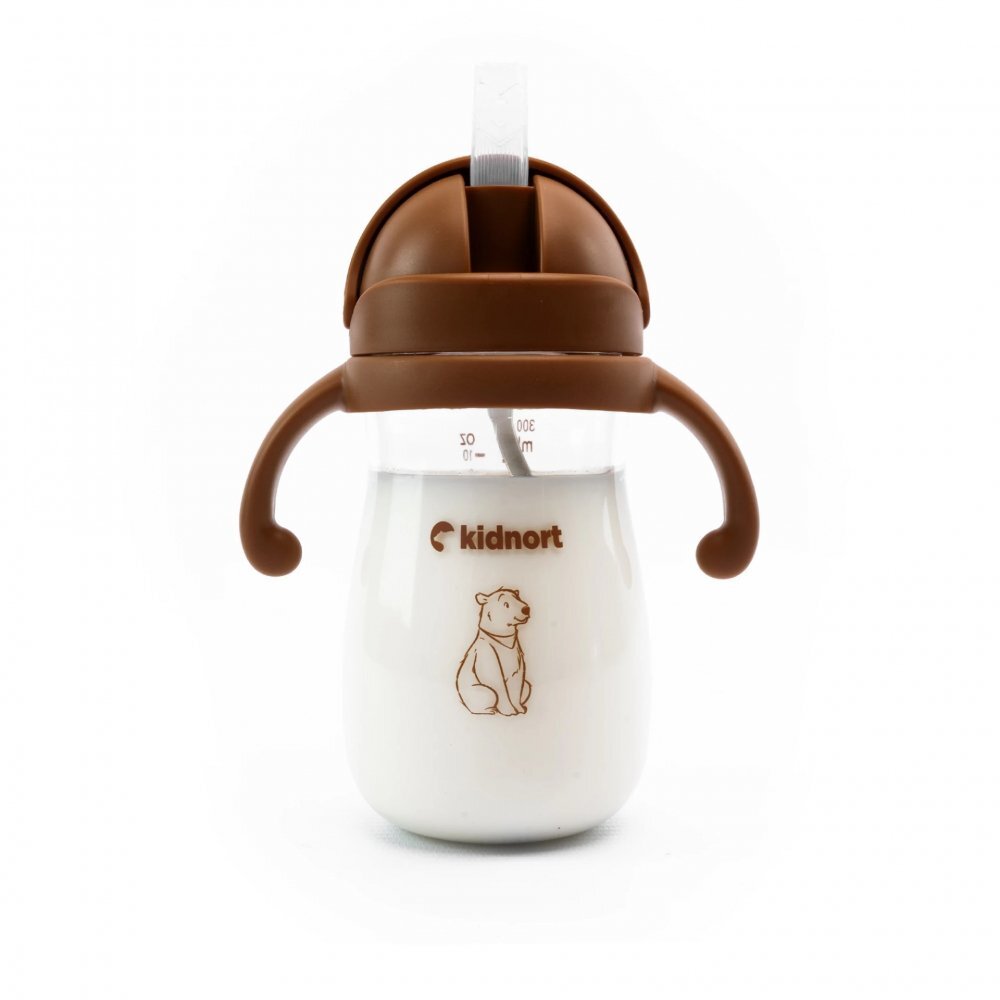 Kidnort Sticluta de apa din tritan pentru copii Bringebaer sterilizabila pai moale din silicon cu biluta gravitationala maner ergonomic capacitate 300 ml Brown