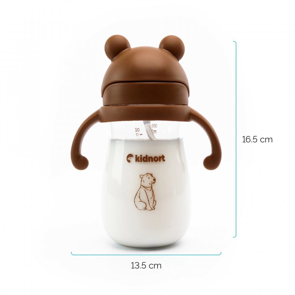 Kidnort Sticluta de apa din tritan pentru copii Bringebaer sterilizabila pai moale din silicon cu biluta gravitationala maner ergonomic capacitate 300 ml Brown