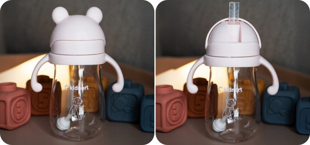 Kidnort Sticluta de apa din tritan pentru copii Bringebaer sterilizabila pai moale din silicon cu biluta gravitationala maner ergonomic capacitate 300 ml Pink