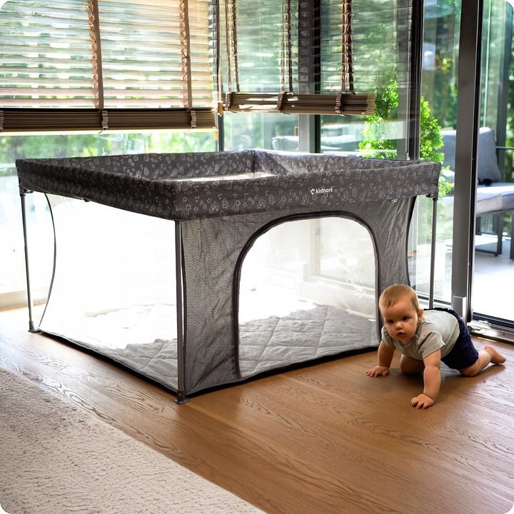 Kidnort Tarc de joaca pentru copii Snoen Light Grey pliabil design modern si sigur acces mare cu fermoar actionat din exterior husa depozitare inclusa dimensiune 126.5 x 74.5 cm