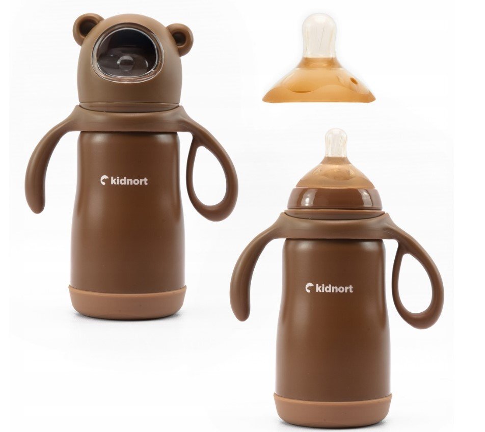 Kidnort Termos de lichide si biberon pentru copii Paere 270 ml maro sterilizabil din otel inoxidabil echipat cu pai cu bila gravitationala si maner ergonomic izolare termica pana la 10 ore de la 6 luni