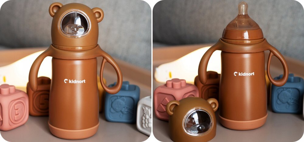 Kidnort Termos de lichide si biberon pentru copii Paere 270 ml maro sterilizabil din otel inoxidabil echipat cu pai cu bila gravitationala si maner ergonomic izolare termica pana la 10 ore de la 6 luni