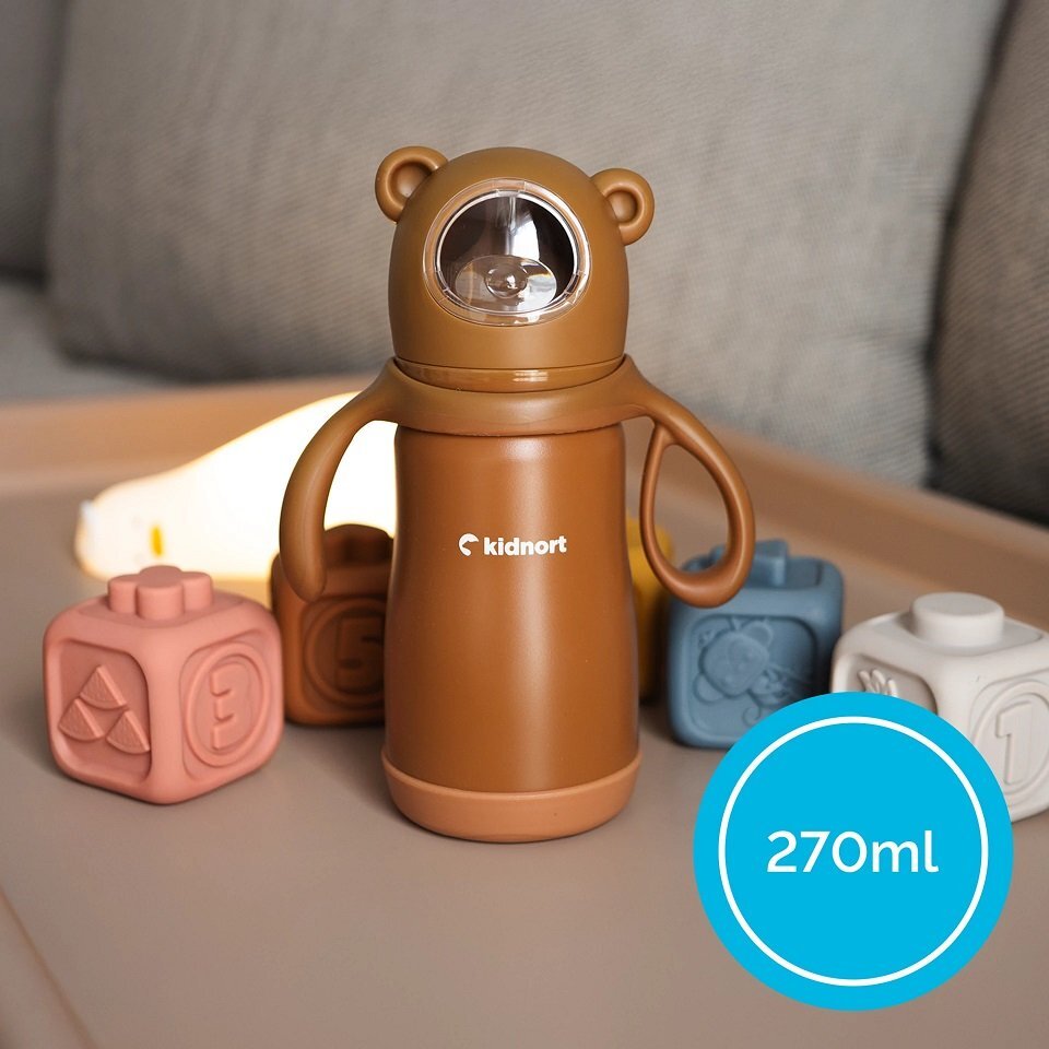 Kidnort Termos de lichide si biberon pentru copii Paere 270 ml maro sterilizabil din otel inoxidabil echipat cu pai cu bila gravitationala si maner ergonomic izolare termica pana la 10 ore de la 6 luni
