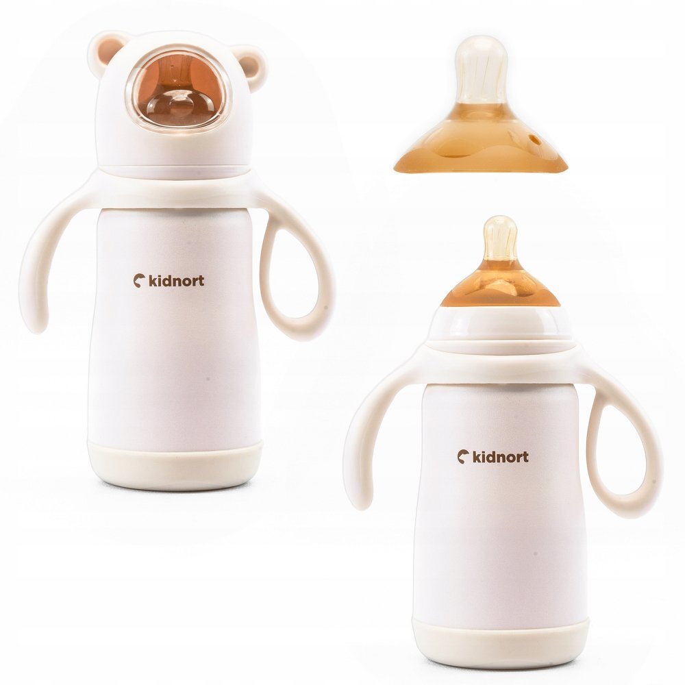Kidnort Termos de lichide si biberon pentru copii Paere 270 ml roz sterilizabil din otel inoxidabil echipat cu pai cu bila gravitationala si maner ergonomic izolare termica pana la 10 ore de la 6 luni