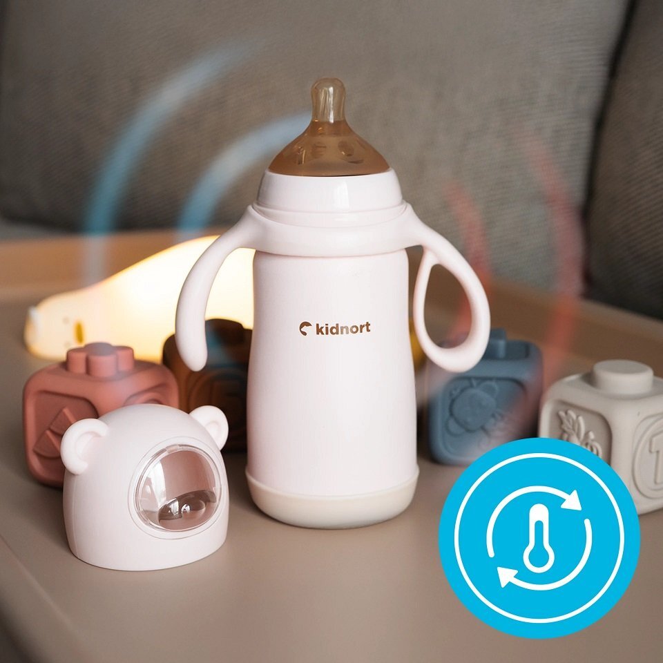 Kidnort Termos de lichide si biberon pentru copii Paere 270 ml roz sterilizabil din otel inoxidabil echipat cu pai cu bila gravitationala si maner ergonomic izolare termica pana la 10 ore de la 6 luni