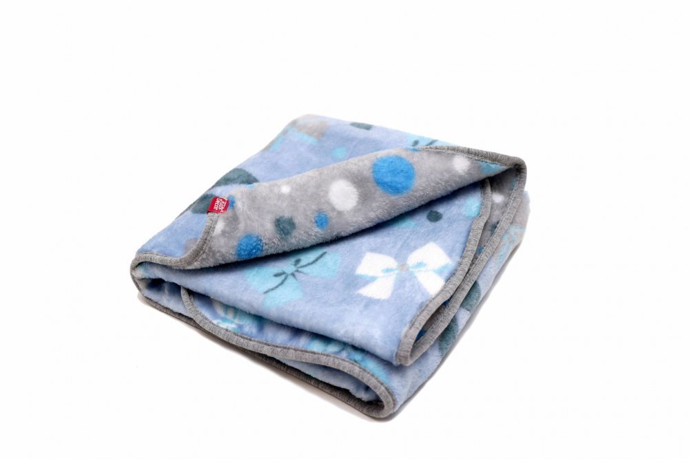 Kids Decor Paturica pufoasa de plus 2 fete bleu cu fundite si gri cu buline 75x75 cm