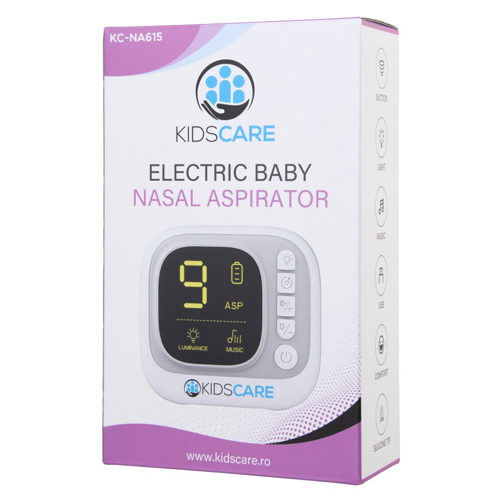 KidsCare Aspirator nazal electric 9 trepte absorbtie 4 varfuri melodii pentru copii lumina de veghe acumulator inclus
