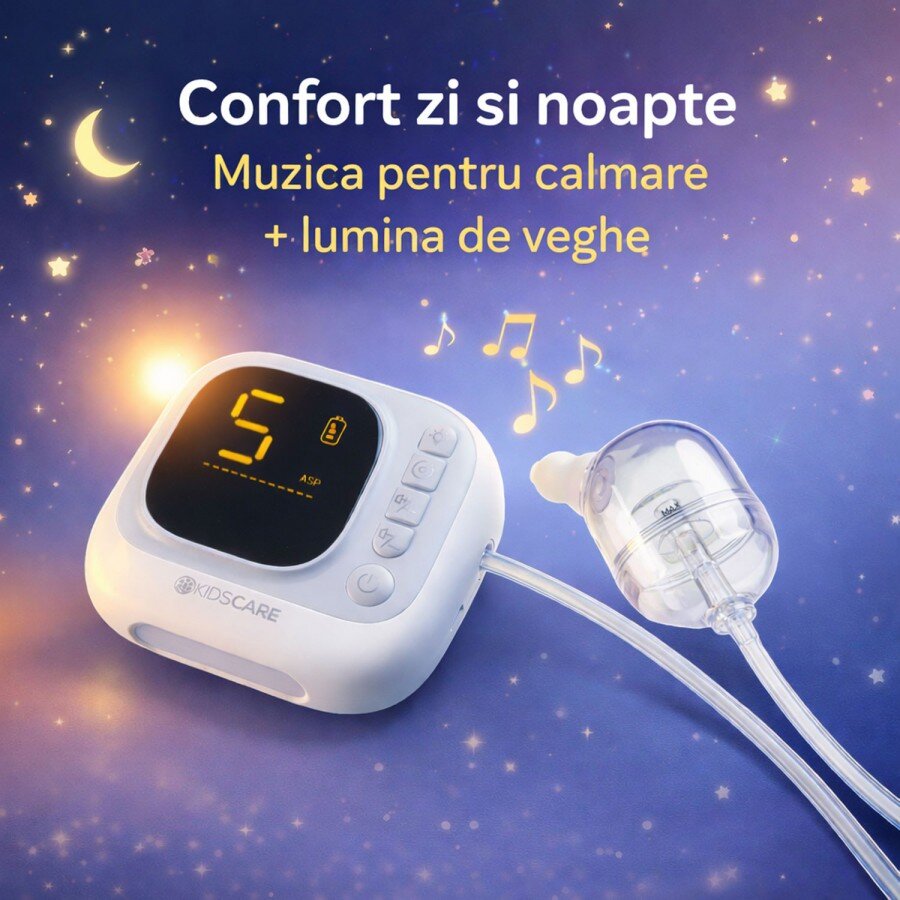 KidsCare Aspirator nazal electric 9 trepte absorbtie 4 varfuri melodii pentru copii lumina de veghe acumulator inclus