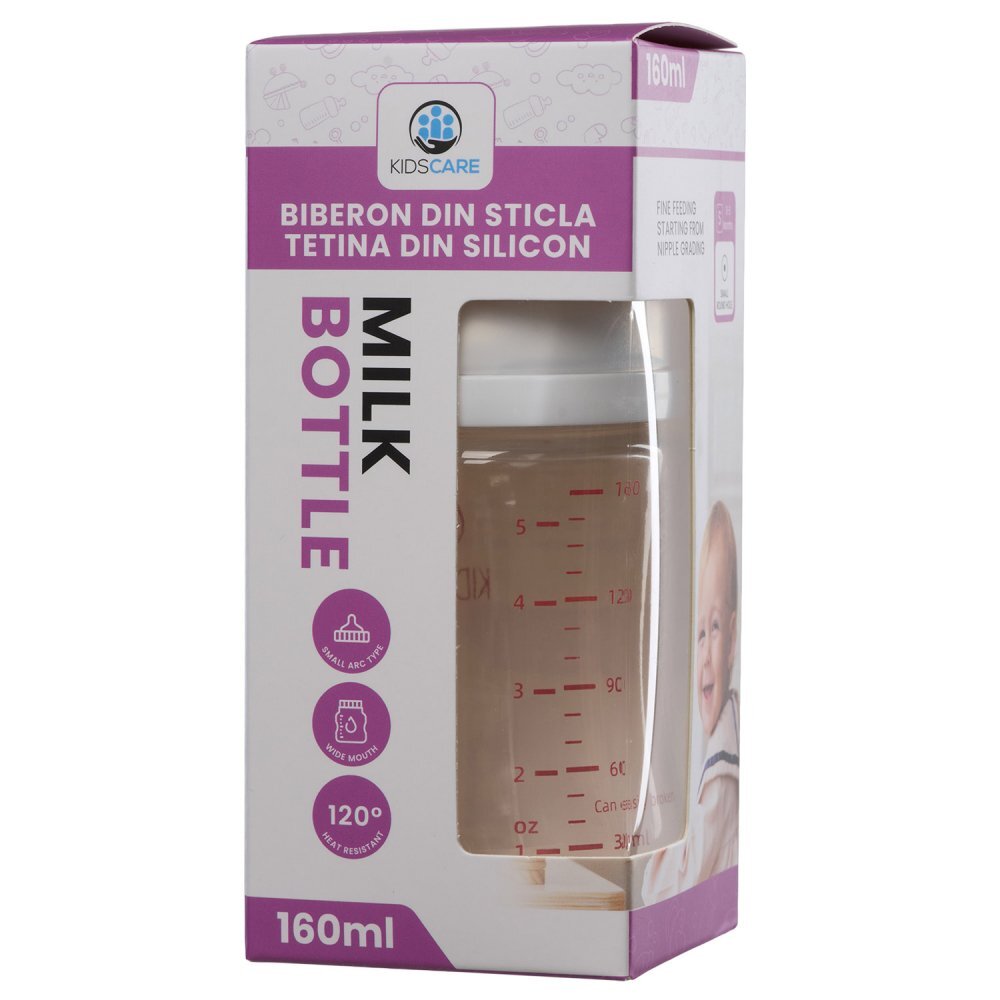 KidsCare Biberon din sticla borosilicat 160 ml cu tetina din silicon