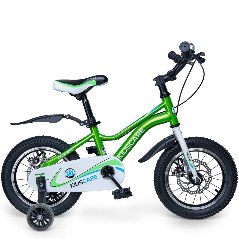 KidsCare Bicicleta pentru copii 2-4 ani HappyCycles 12 inch cu roti ajutatoare si frane pe disc verde