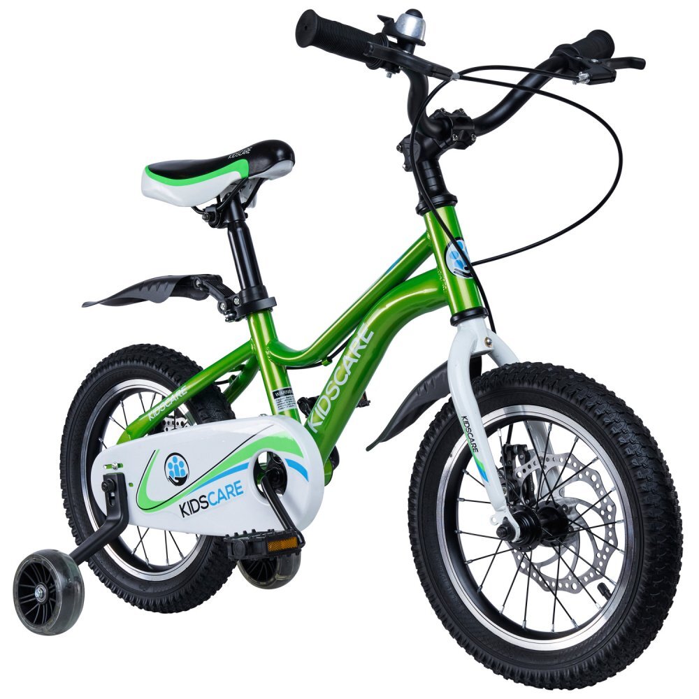 KidsCare Bicicleta pentru copii 2-4 ani HappyCycles 12 inch cu roti ajutatoare si frane pe disc verde