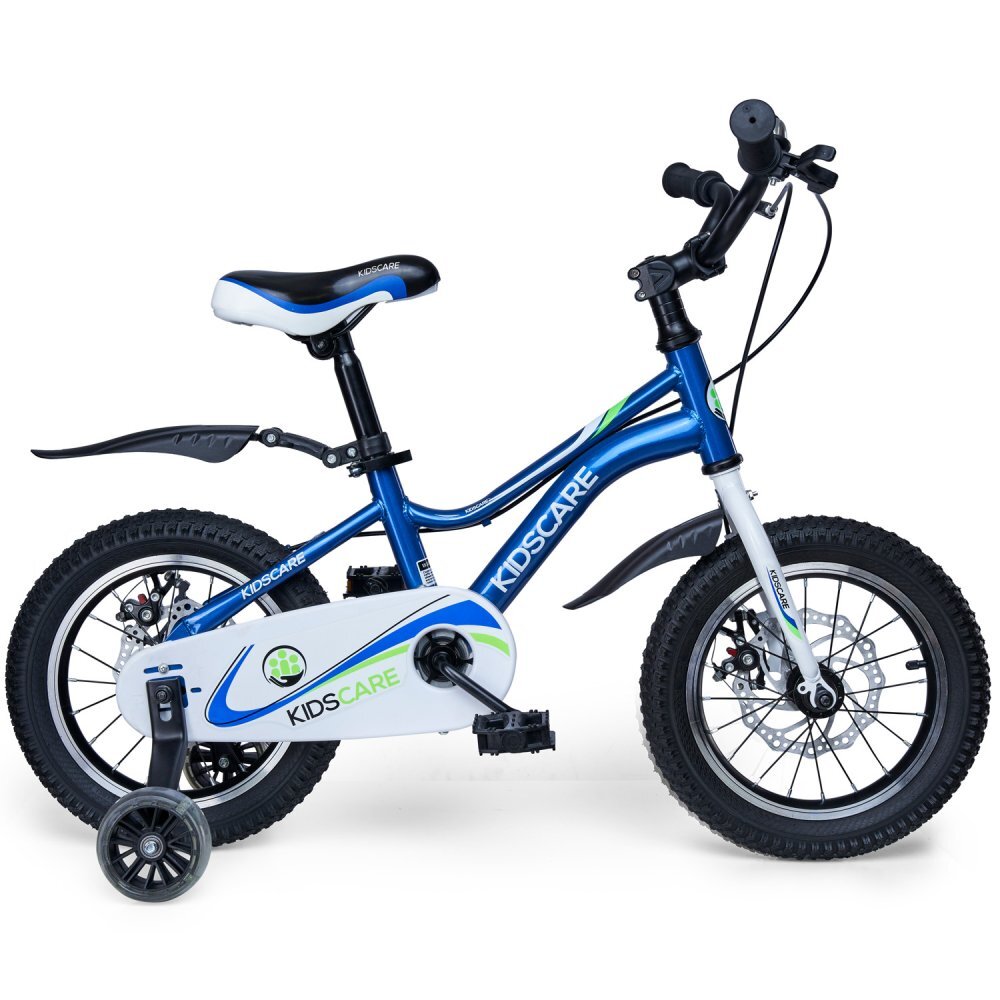 KidsCare Bicicleta pentru copii 3-6 ani HappyCycles 14 inch cu roti ajutatoare si frane pe disc albastru inaltimea intre 95 cm si 115 cm roti ajutatoare claxon pe ghidon