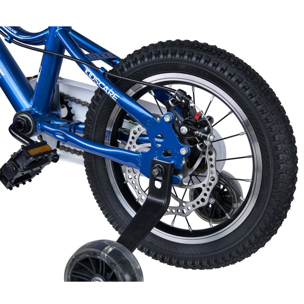 KidsCare Bicicleta pentru copii 3-6 ani HappyCycles 14 inch cu roti ajutatoare si frane pe disc albastru inaltimea intre 95 cm si 115 cm roti ajutatoare claxon pe ghidon