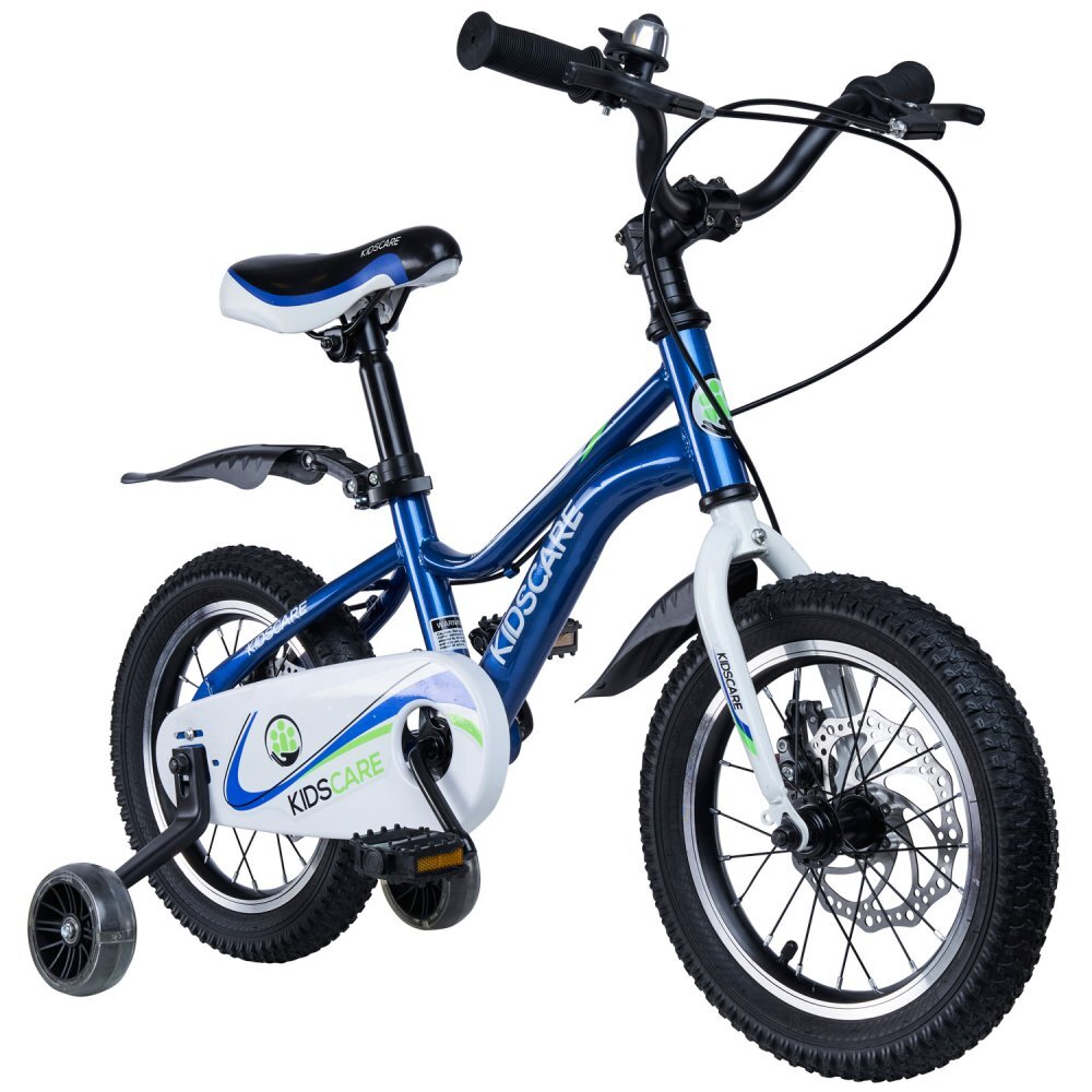 KidsCare Bicicleta pentru copii 3-6 ani HappyCycles 14 inch cu roti ajutatoare si frane pe disc albastru inaltimea intre 95 cm si 115 cm roti ajutatoare claxon pe ghidon