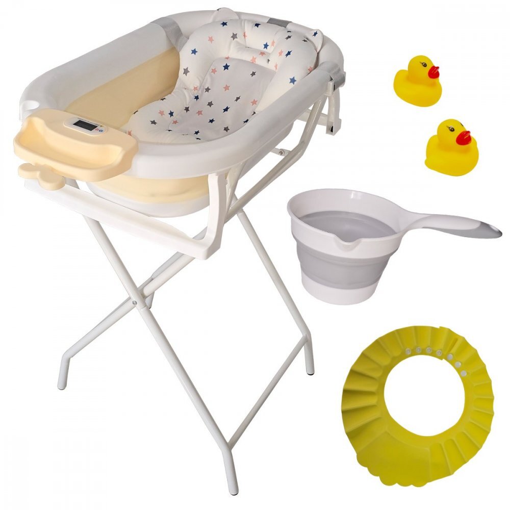 KidsCare Cadita pliabila Bej cu suport metalic termometru perna reductor jucarii protectie cap cana pliabila