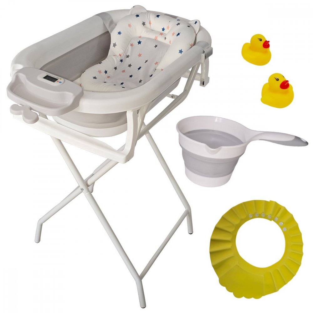 KidsCare Cadita pliabila Gri cu suport metalic termometru perna reductor jucarii protectie cap cana pliabila