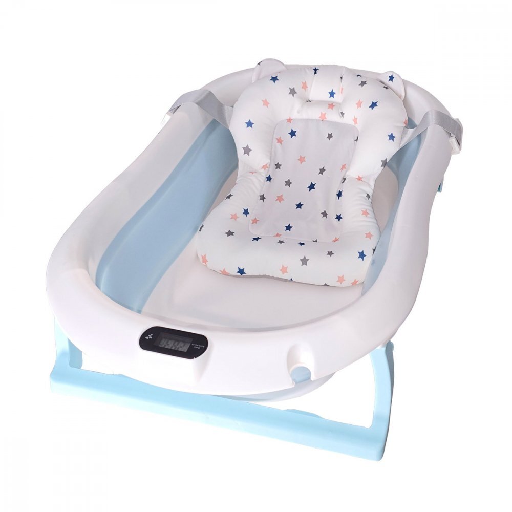 KidsCare Cadita pliabila pentru bebelusi Albastra cu suport metalic termometru perna reductor jucarii protectie cap cana pliabila