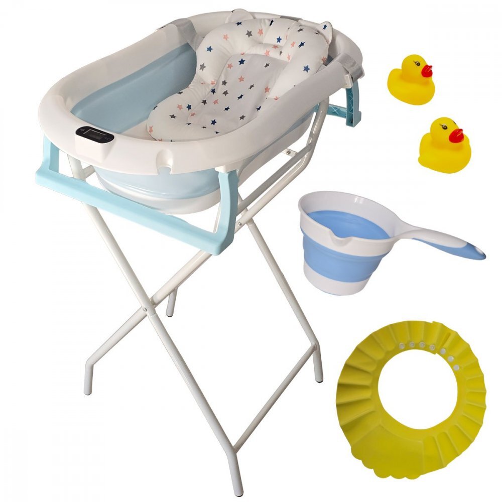KidsCare Cadita pliabila pentru bebelusi Albastra cu suport metalic termometru perna reductor jucarii protectie cap cana pliabila