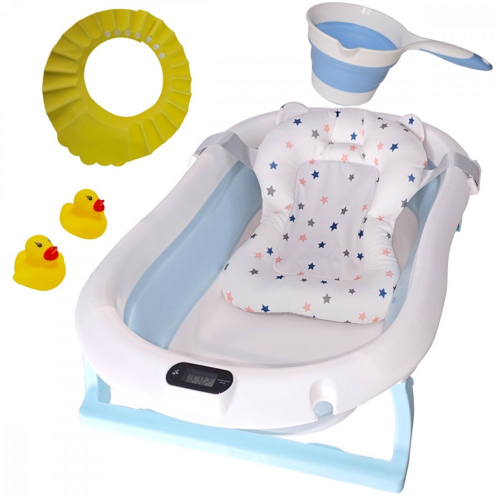 KidsCare Cadita pliabila pentru bebelusi Albastra cu termometru perna reductor jucarii protectie cap cana pliabila