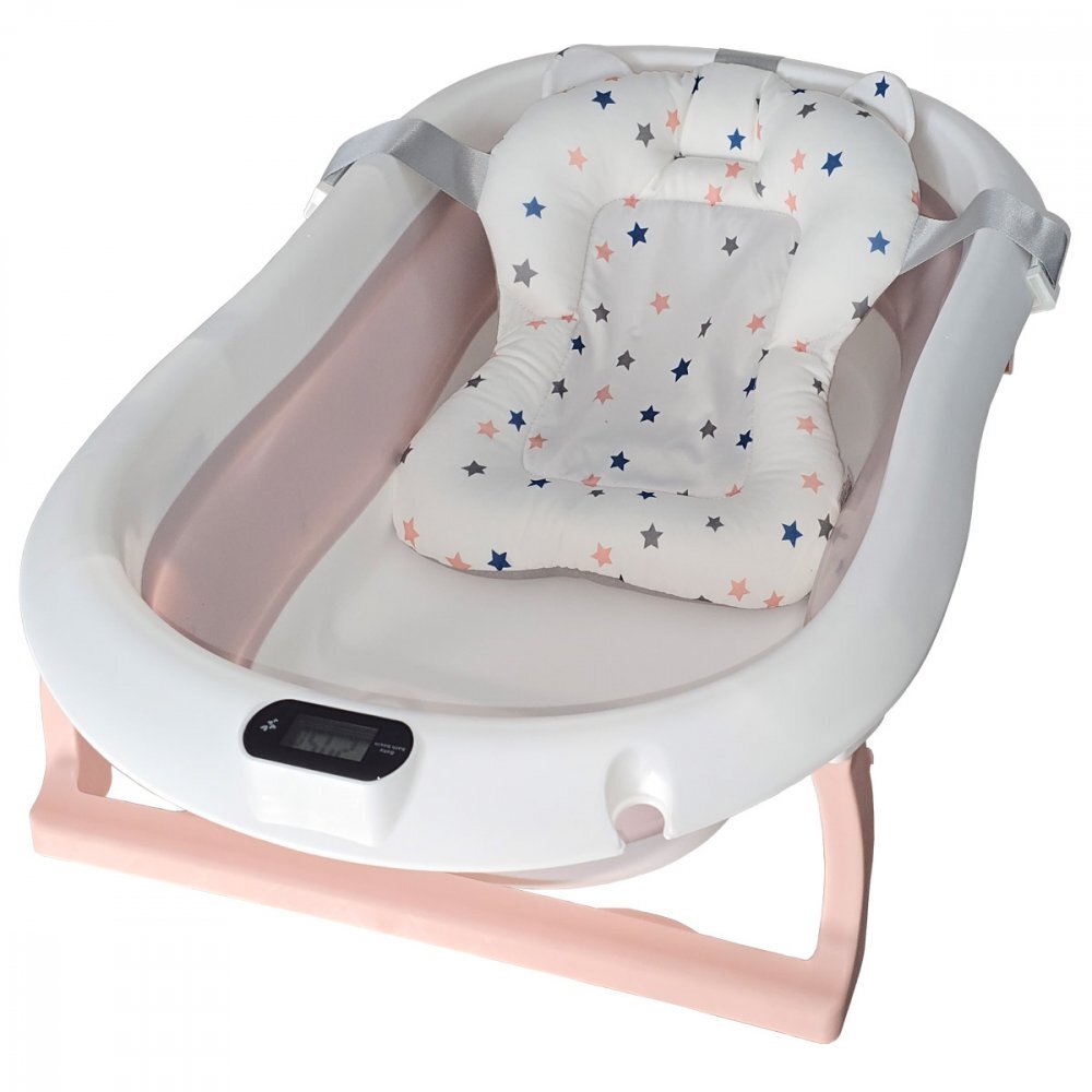 KidsCare Cadita pliabila pentru bebelusi Roz cu suport metalic termometru perna reductor jucarii protectie cap cana pliabila