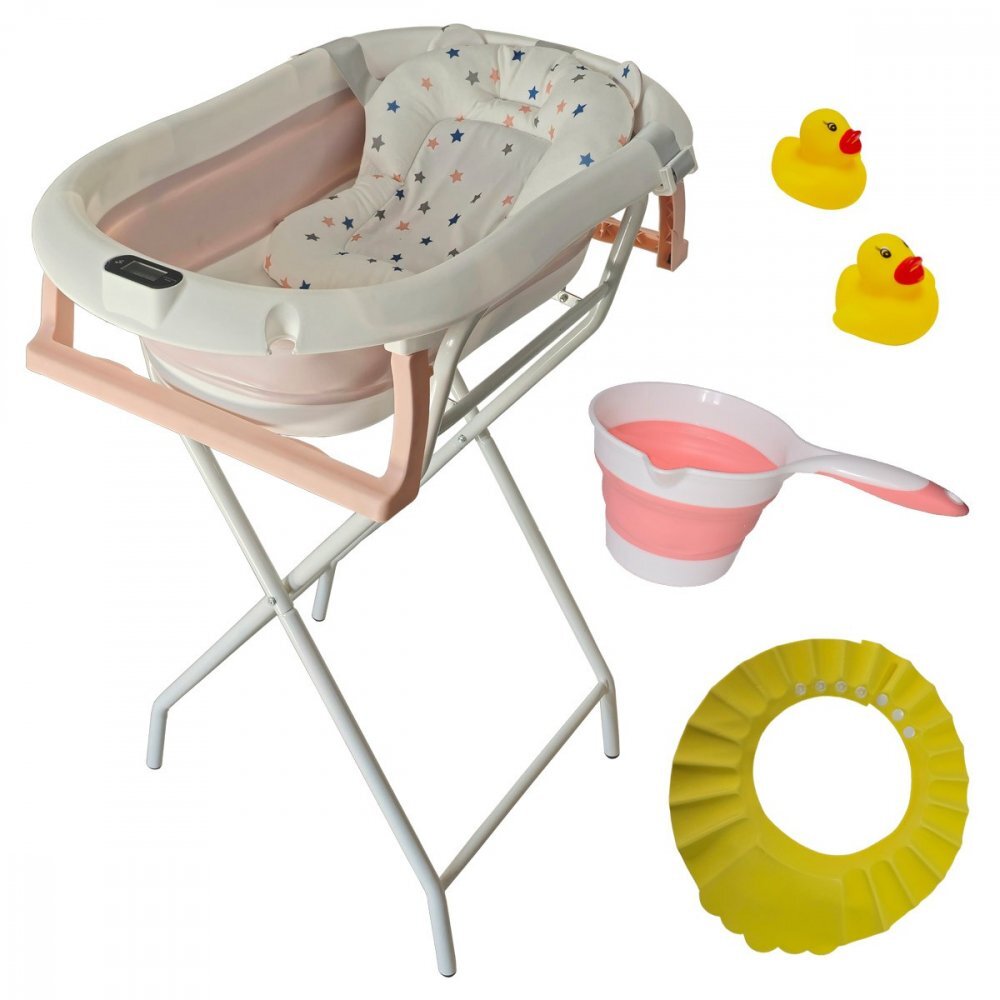 KidsCare Cadita pliabila pentru bebelusi Roz cu suport metalic termometru perna reductor jucarii protectie cap cana pliabila