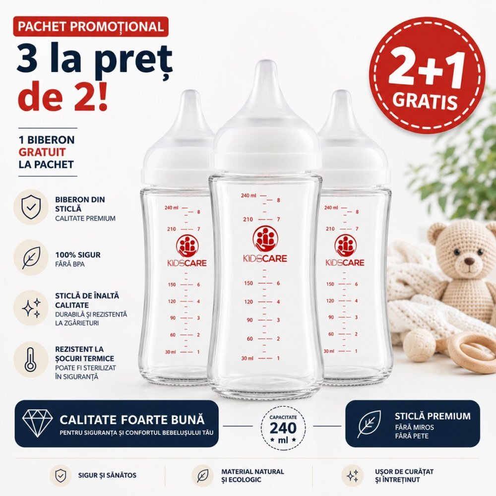 KidsCare Pachet 3 biberoane din sticla borosilicata cu tetina din silicon 3 x 240 ml