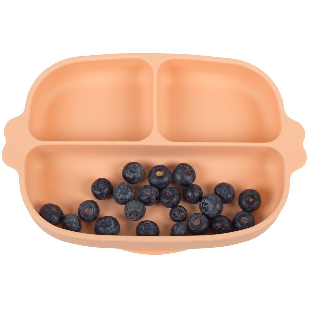 KidsCare Set hranire bebe din silicon 1 farfurie compartimentata cu ventuza 2 lingurite marimi diferite fara BPA roz somon