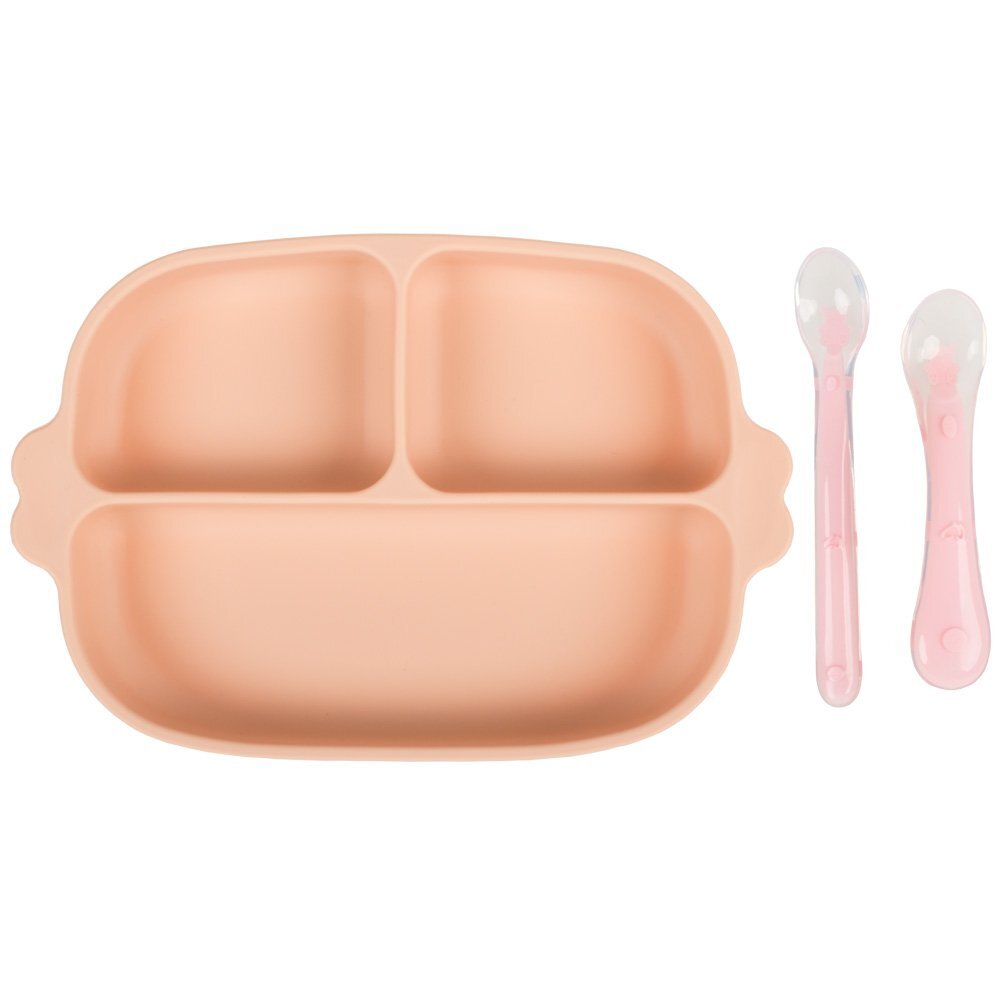 KidsCare Set hranire bebe din silicon 1 farfurie compartimentata cu ventuza 2 lingurite marimi diferite fara BPA roz somon