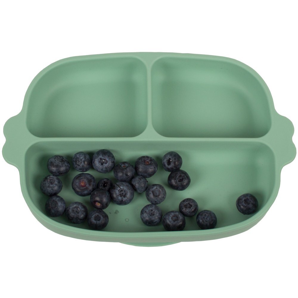 KidsCare Set hranire bebe din silicon 1 farfurie compartimentata cu ventuza 2 lingurite marimi diferite fara BPA verde