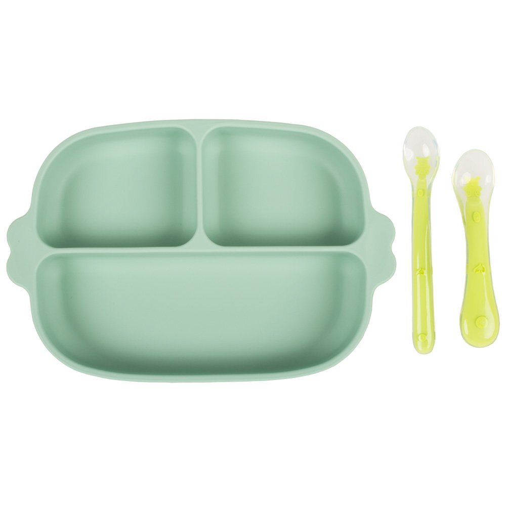 KidsCare Set hranire bebe din silicon 1 farfurie compartimentata cu ventuza 2 lingurite marimi diferite fara BPA verde