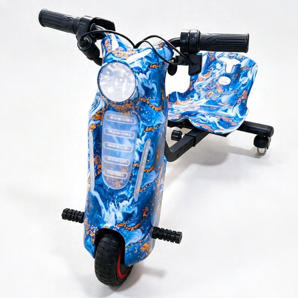 KidsCare Tricicleta electrica pentru copii Drift 360 E600 Mini Albastru motor 150W viteza maxima 15 kmh baterie 36V 2.4Ah lumini LED roti drift kit de protectie inclus