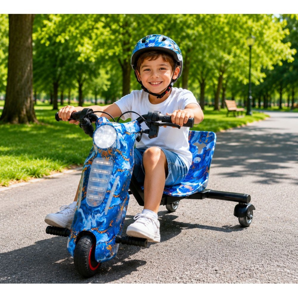 KidsCare Tricicleta electrica pentru copii Drift 360 E600 Mini Albastru motor 150W viteza maxima 15 kmh baterie 36V 2.4Ah lumini LED roti drift kit de protectie inclus