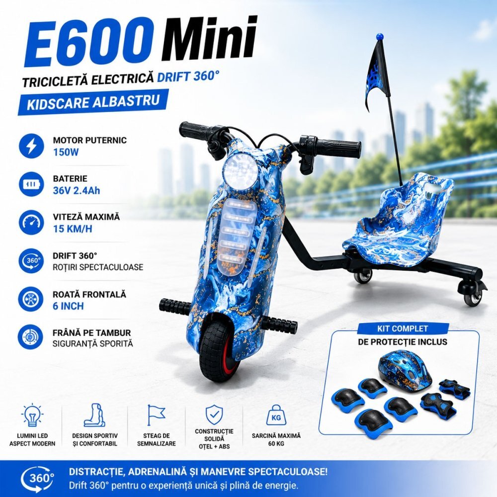 KidsCare Tricicleta electrica pentru copii Drift 360 E600 Mini Albastru motor 150W viteza maxima 15 kmh baterie 36V 2.4Ah lumini LED roti drift kit de protectie inclus