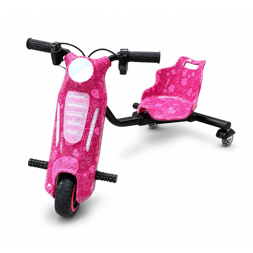 KidsCare Tricicleta electrica pentru copii Drift 360 E600 Mini Roz motor 150W viteza maxima 15 kmh baterie 36V 2.4Ah lumini LED roti drift kit de protectie inclus
