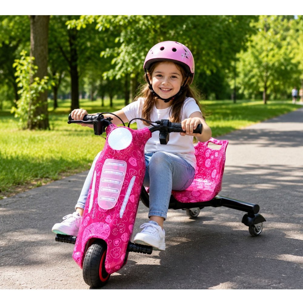 KidsCare Tricicleta electrica pentru copii Drift 360 E600 Mini Roz motor 150W viteza maxima 15 kmh baterie 36V 2.4Ah lumini LED roti drift kit de protectie inclus
