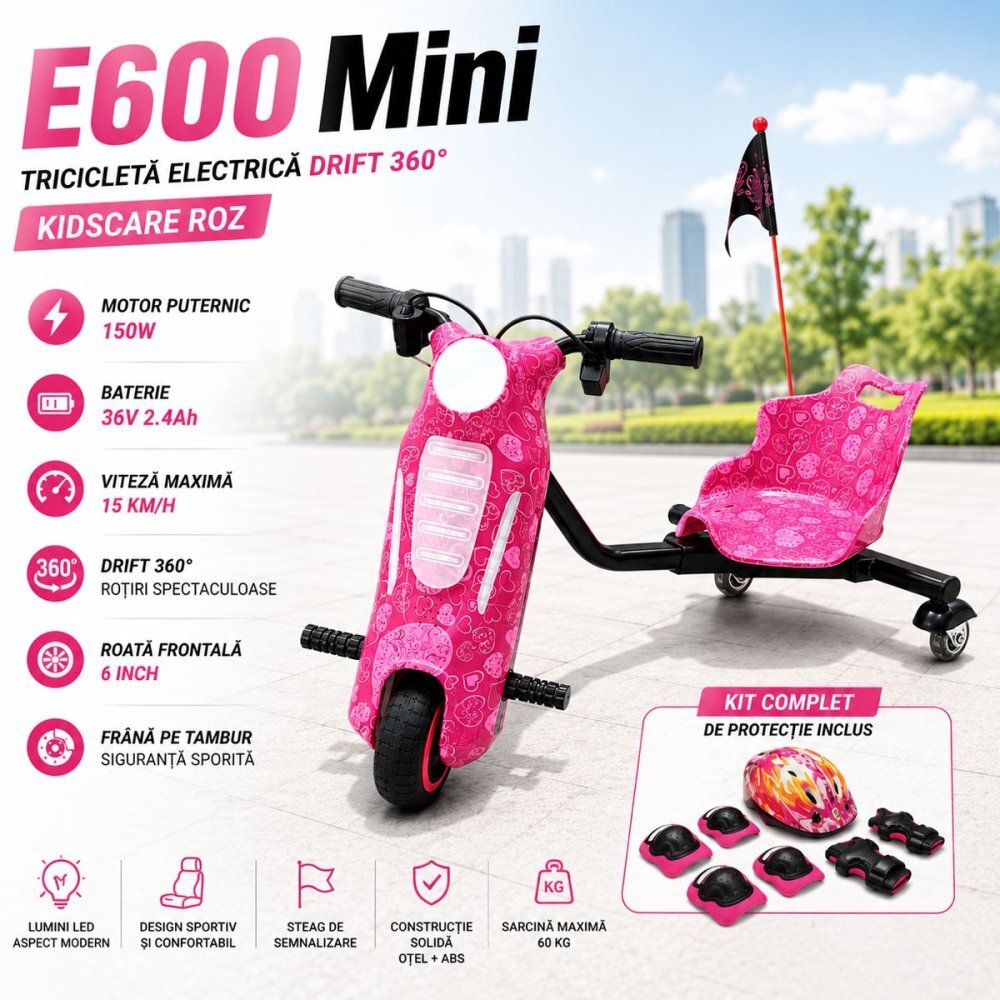 KidsCare Tricicleta electrica pentru copii Drift 360 E600 Mini Roz motor 150W viteza maxima 15 kmh baterie 36V 2.4Ah lumini LED roti drift kit de protectie inclus