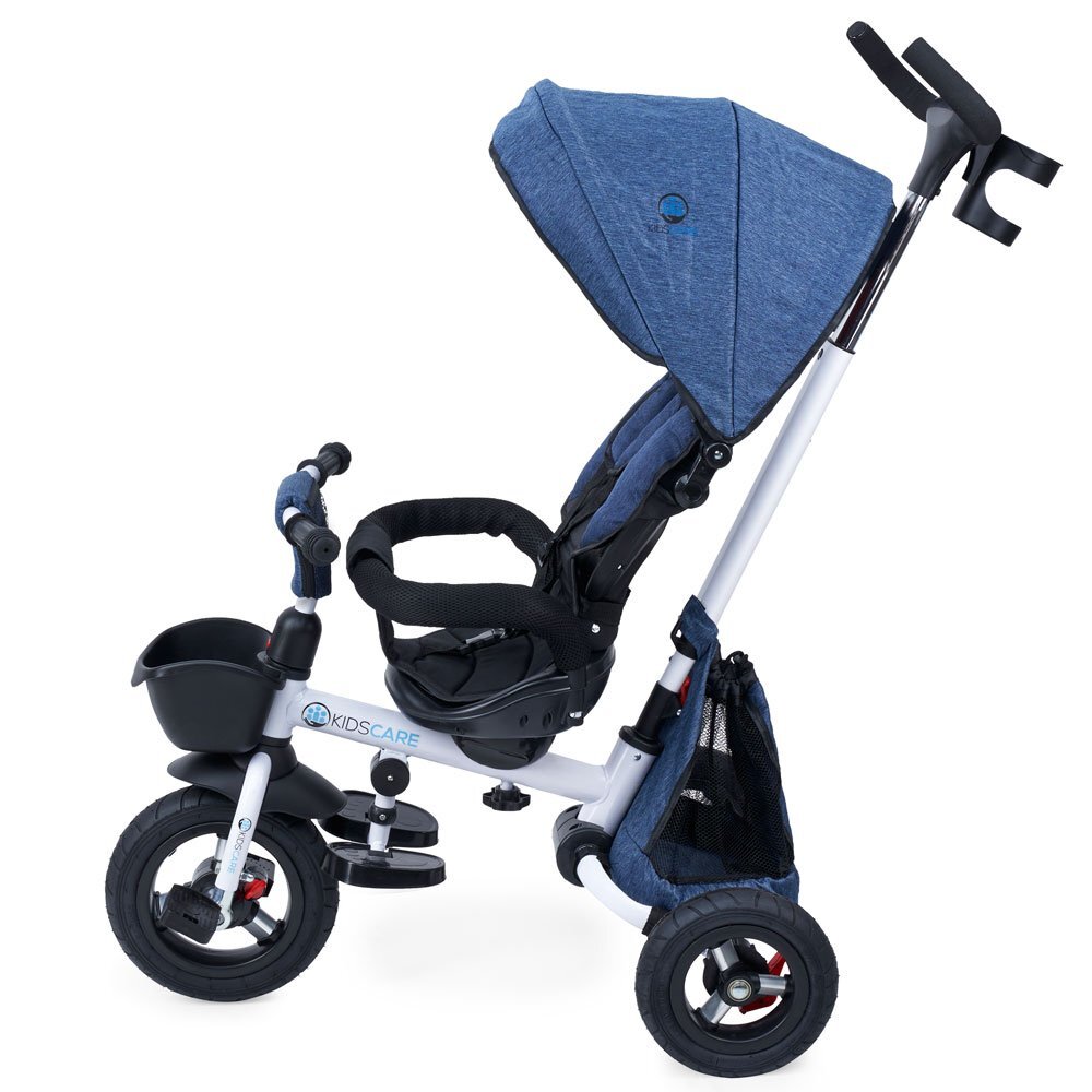 KidsCare Tricicleta pentru copii Davos Albastru pliabila scaun rotativ spatar reglabil pozitie somn maner reglabil pe inaltime suport pentru pahar