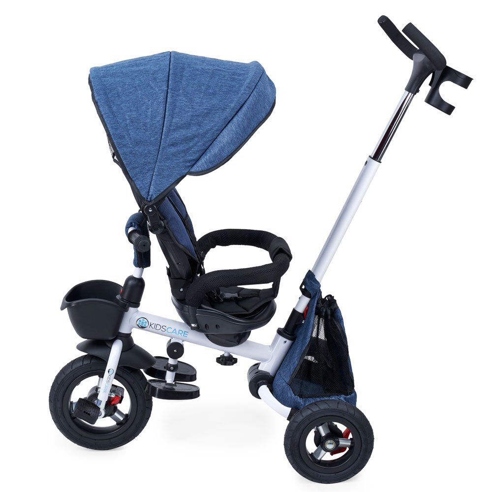 KidsCare Tricicleta pentru copii Davos Albastru pliabila scaun rotativ spatar reglabil pozitie somn maner reglabil pe inaltime suport pentru pahar