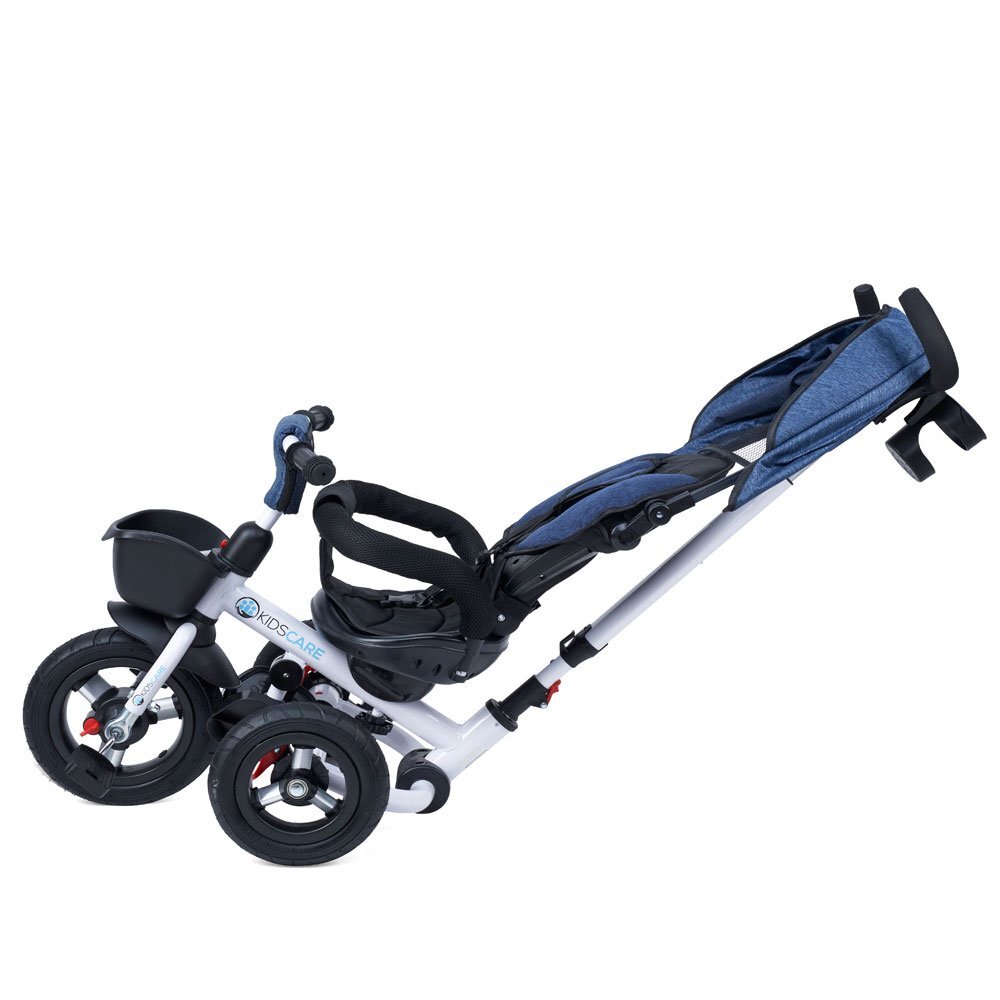 KidsCare Tricicleta pentru copii Davos Albastru pliabila scaun rotativ spatar reglabil pozitie somn maner reglabil pe inaltime suport pentru pahar