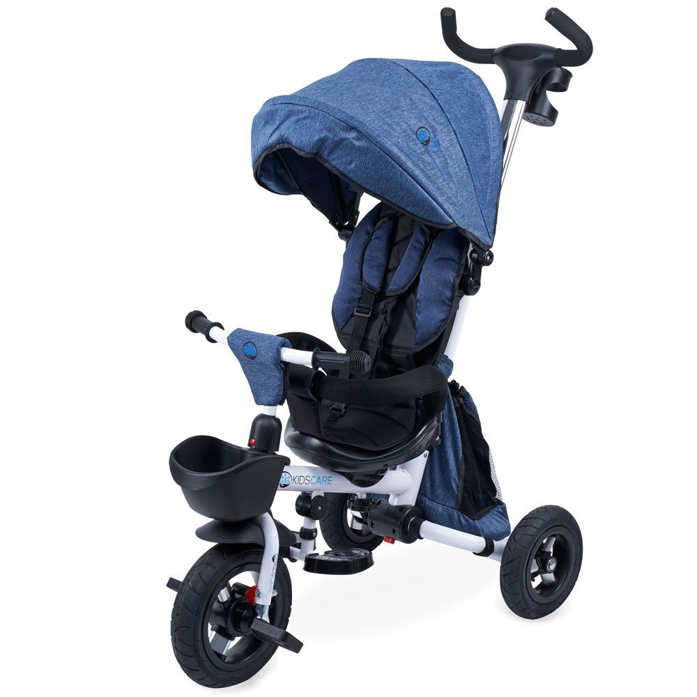 KidsCare Tricicleta pentru copii Davos Albastru pliabila scaun rotativ spatar reglabil pozitie somn maner reglabil pe inaltime suport pentru pahar