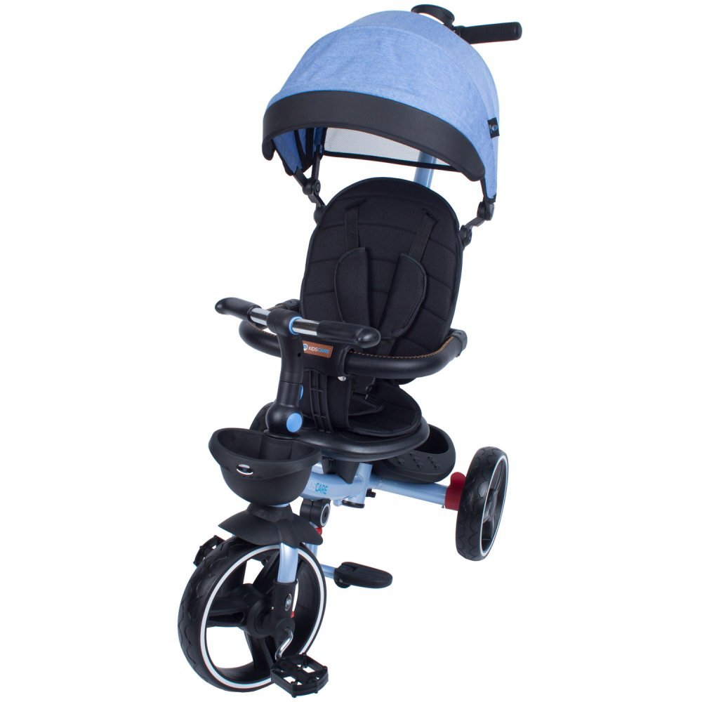KidsCare Tricicleta pentru copii Impera Albastru pliabila scaun rotativ copertina de soare maner pentru parinti roti din cauciuc dispozitiv de franare suport pentru pahar si cos depozitare jucarii